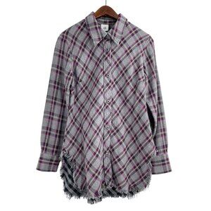 CAbi Highland Flannel Shacket Grey Purple Style 3946 Womens Size XS Fringe Trim